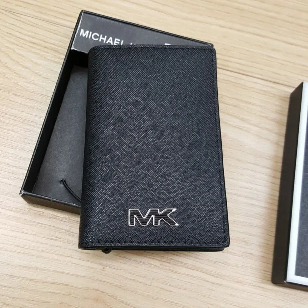 MICHAEL KORS Malone Bifold Folding Card Case Wallet Black Saffiano Leather $68